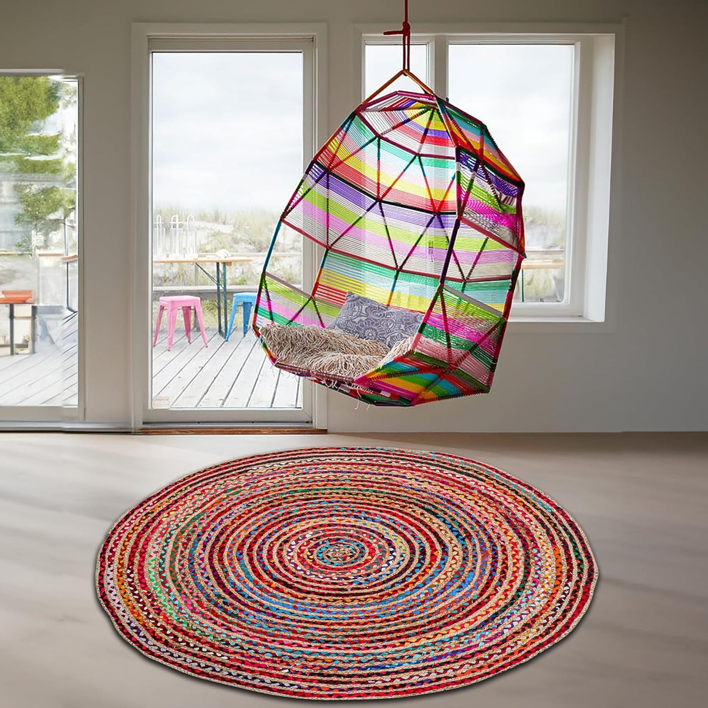 4' Round Handwoven Jute Chindi Area Rug - Colorful Boho Rugs for Living Room - Hand Braided Multicolor Bohemian Rug for Farmhouse, Bedroom, Dining Room, Classroom, Hallway, Kitchen, Office