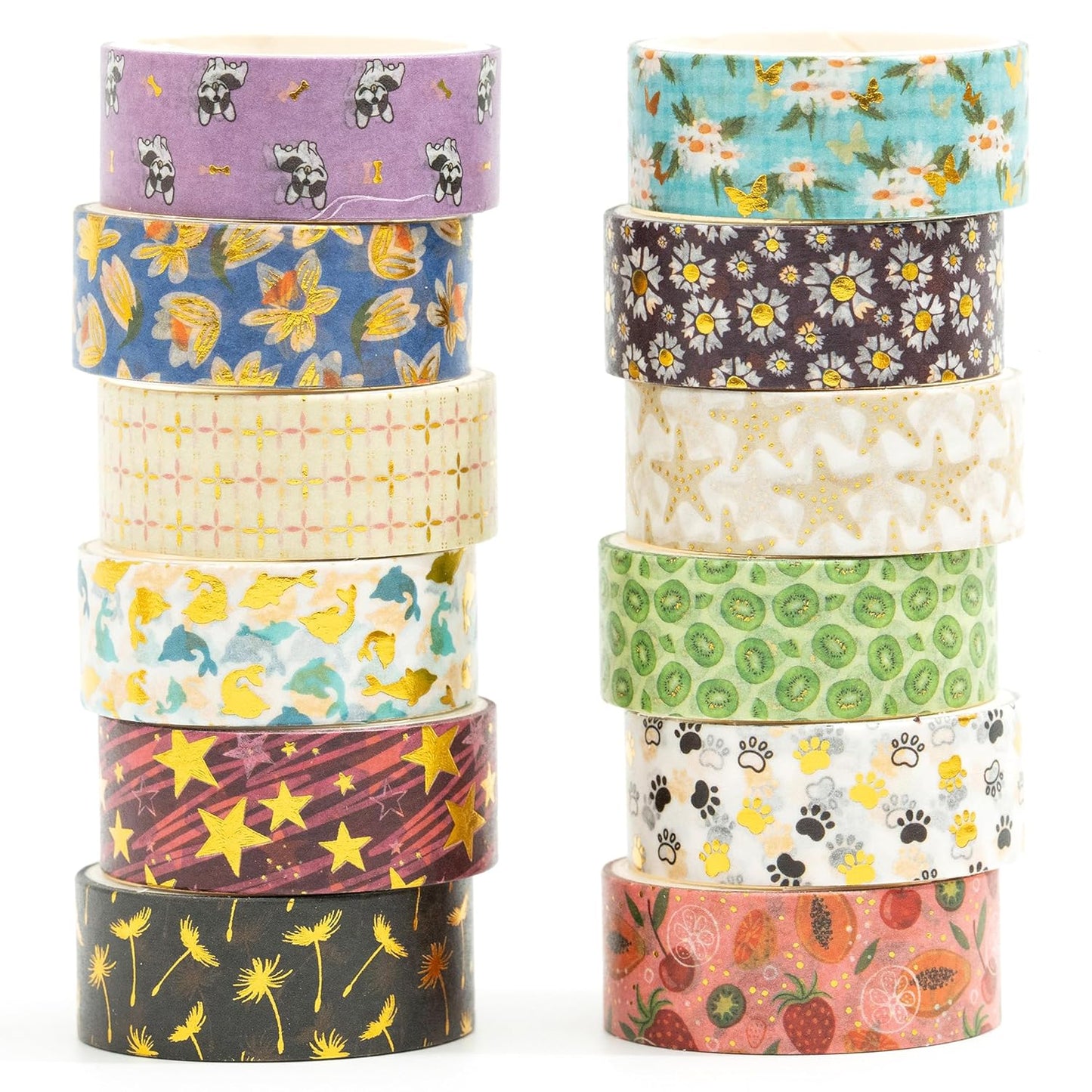 12 Rolls Charming Washi Tape Set Gold Silver Foil Detailing Arts Adhesive Tapes Basic Patterns Decorative Masking Tape Sets for Craft, Kids, Scrapbook, DIY, Gift Wrapping (Mystical Forest)