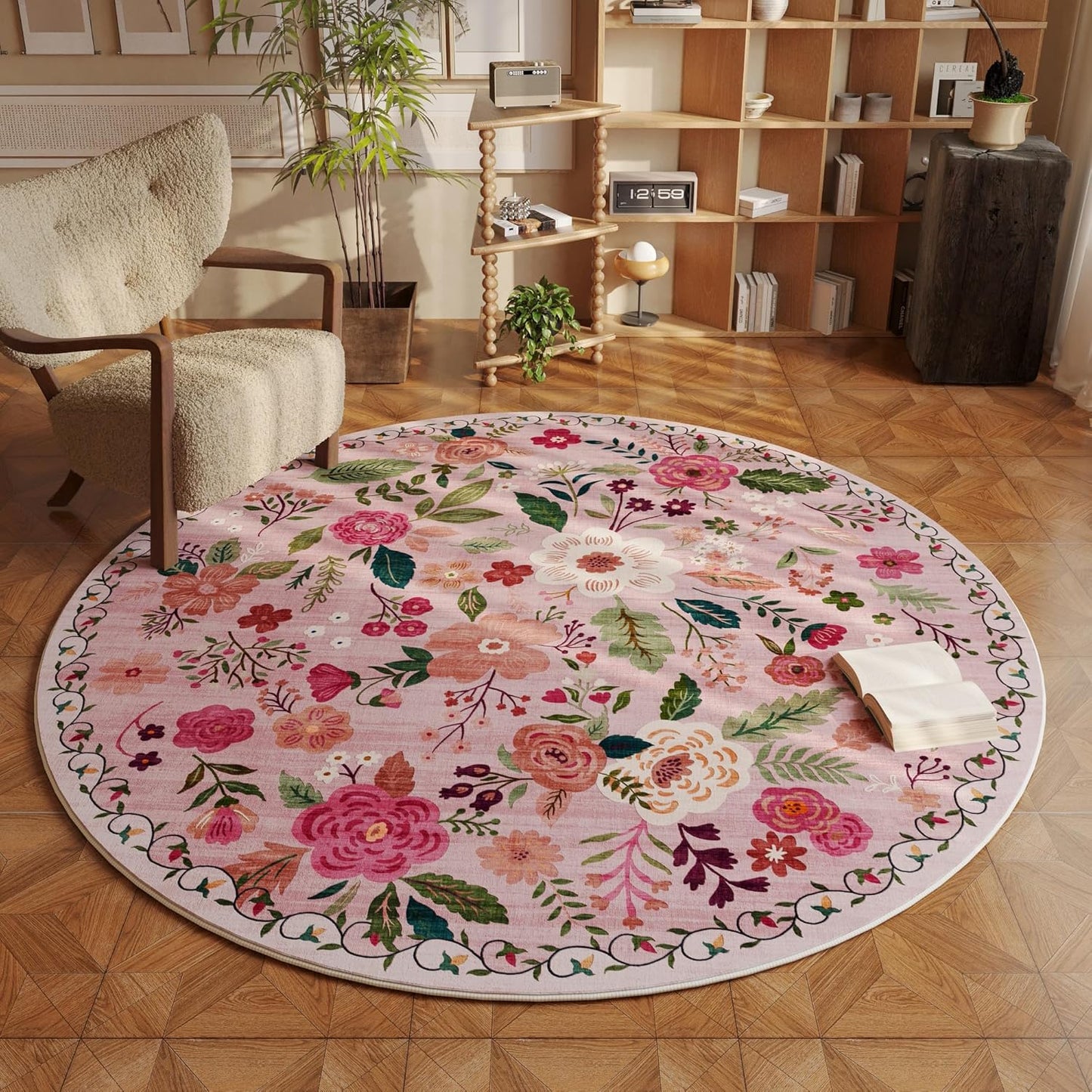 Rugcomf Round Rug 4ft Washable Circle Rug Non Slip Low Pile Boho Floral Small Circular Rug for Bedroom, Bathroom, Entryway, Kids Room, Office, College Dorm(Pink)