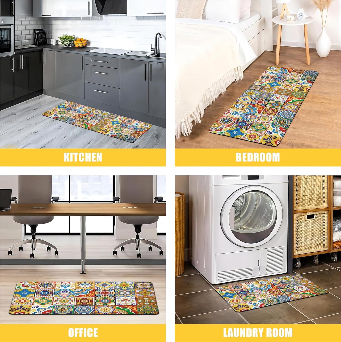 Boho Kitchen Rugs Set 2 Memory Foam Colorful Ceramic Comfort Tile Floor Mat Anti Fatigue Non-Skid PVC Runner Rug Water & Oil Proof Carpet for Kitchen Laundry Sink,17.3x28+17.3x47 Inch, C2