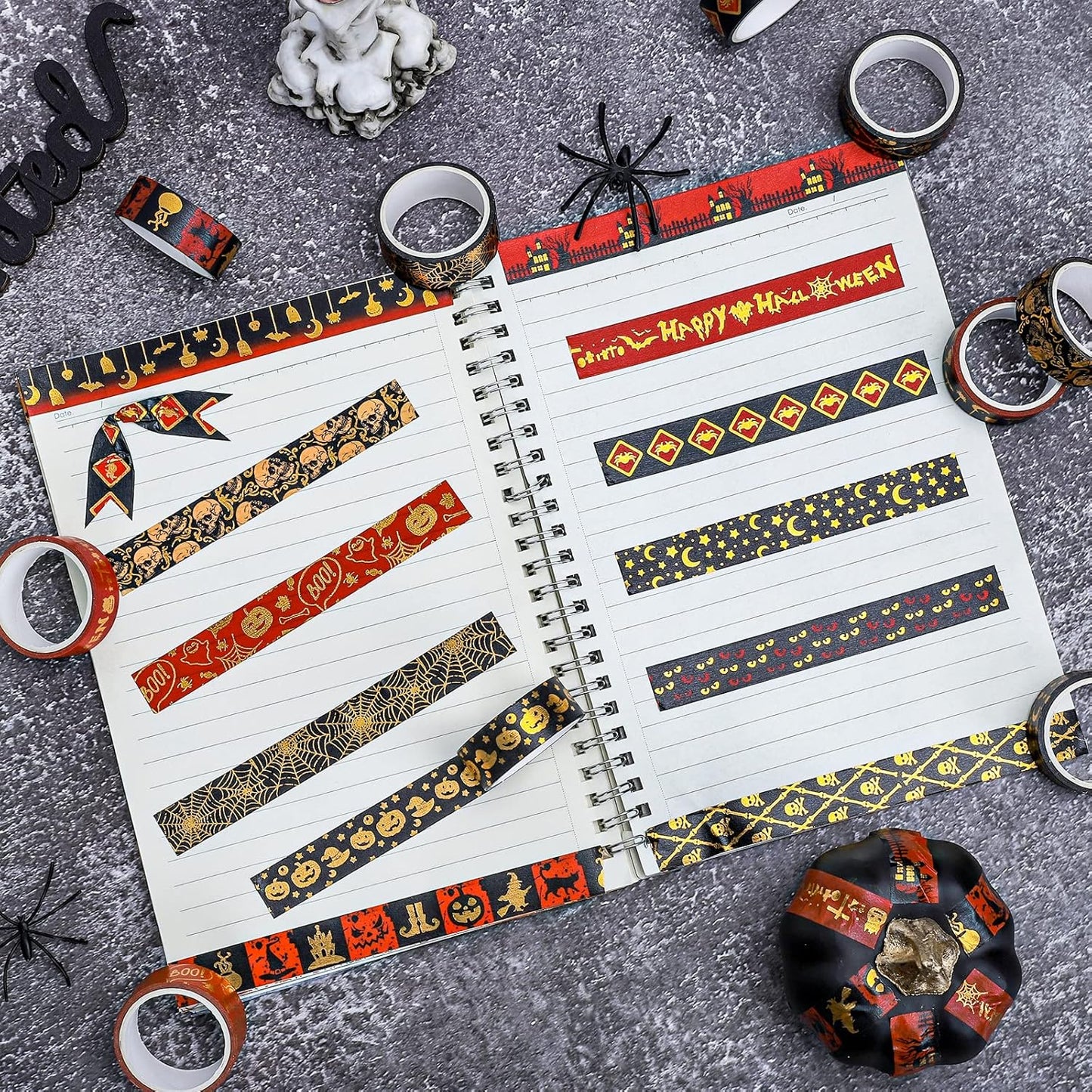 Whaline 12 Rolls Halloween Washi Tapes Red Black Foil Gold Decorative Tapes Skull Spider Web Pumpkin Pattern Masking Tapes for Halloween Scary Scrapbook Journal DIY Craft Gift Wrapping, 9.8Ft