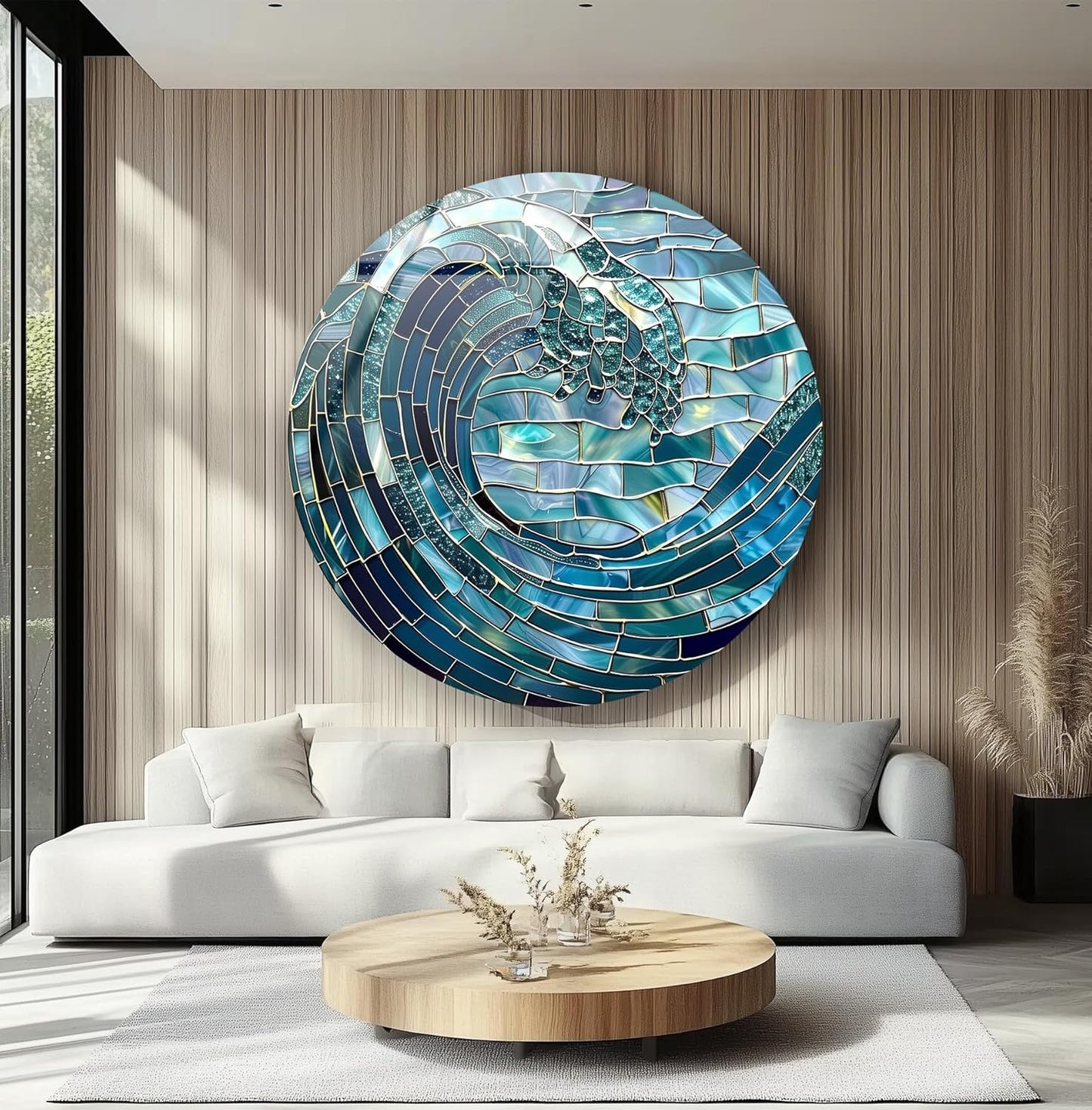My Photostation.com 10''(25cm) Diameter Ocean Wave in Blue Mosaic Round Glass Wall Art Tempered Glass Printing Wall Decor Large Wall Art Wall Hangings