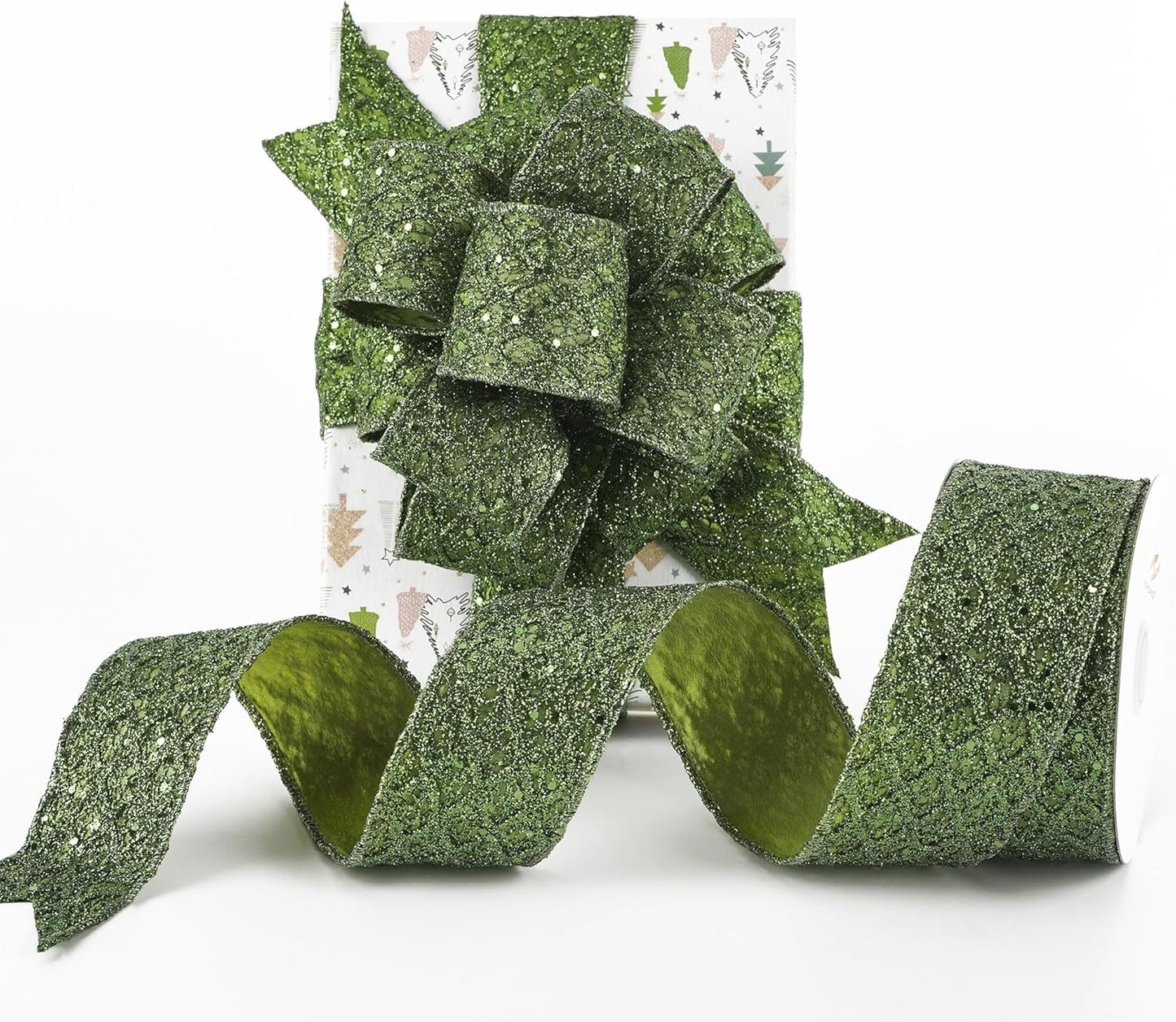 HUIHUANG Moss Green Wired Ribbon for Christmas Tree 2.5 inch Glitter Moss Diamond Mesh Ribbon for Tree Decoration, Wreaths, Garland, Gift Wrapping, Bows Making, Thanksgiving Decor -10 Yards