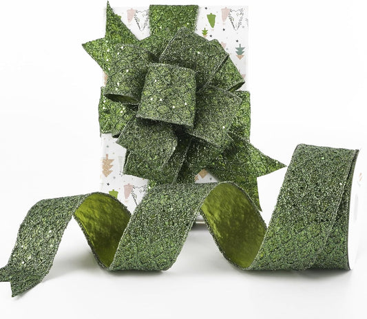 HUIHUANG Moss Green Wired Ribbon for Christmas Tree 2.5 inch Glitter Moss Diamond Mesh Ribbon for Tree Decoration, Wreaths, Garland, Gift Wrapping, Bows Making, Thanksgiving Decor -10 Yards