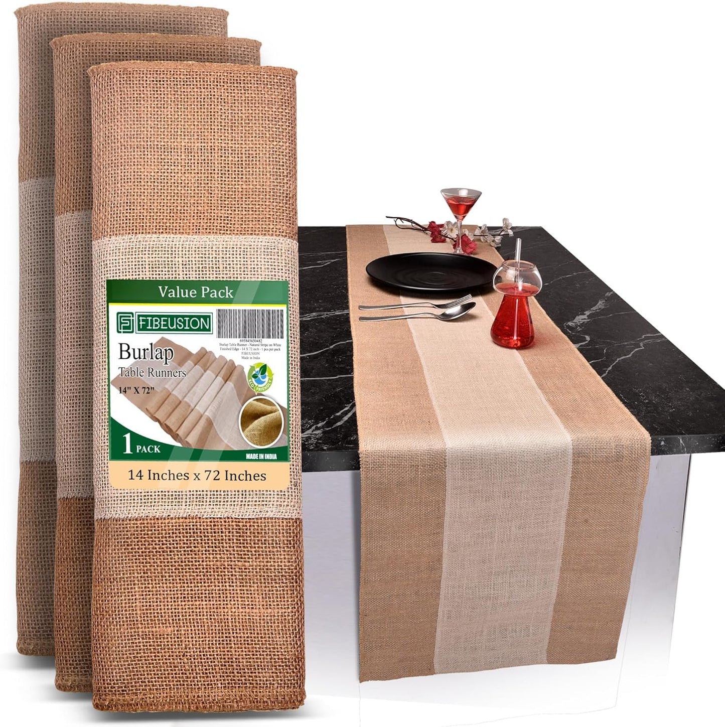 Burlap Table Runners (Pack of 1) – 14”x 72” - No-Fray Finished Edge Burlap Runner – No Odor Farmhouse Style White Stripe on Natural Table Runner - Perfect for Christmas, Wedding, Thanksgiving