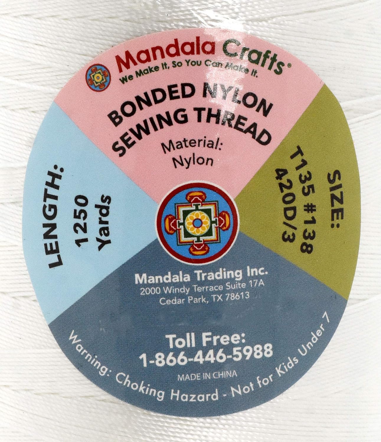 Mandala Crafts Bonded Nylon Thread White Heavy Duty Sewing Threads - 1250 YDs Size 138 420D T135 Tex 135 Thread for Leather Jeans Weaving Outdoor Marine Upholstery Threads