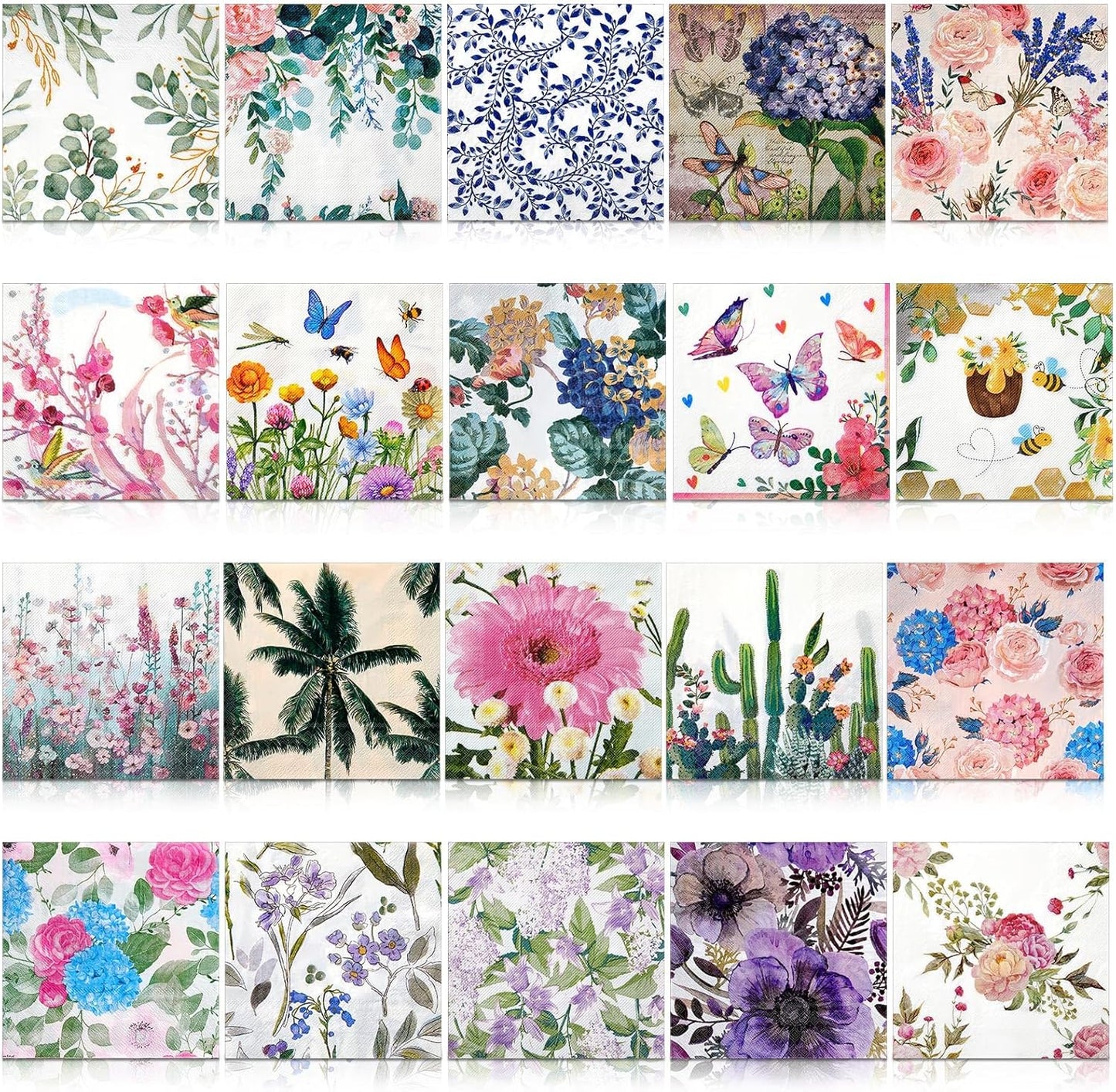 Crtiin 20 Pack Assorted Floral Napkins for Decoupage Toilet Napkins Flower Cocktail Decorative Paper for Birthday Party Beautiful Gorgeous, 20 Styles Each 6.5 inches(Style 5)