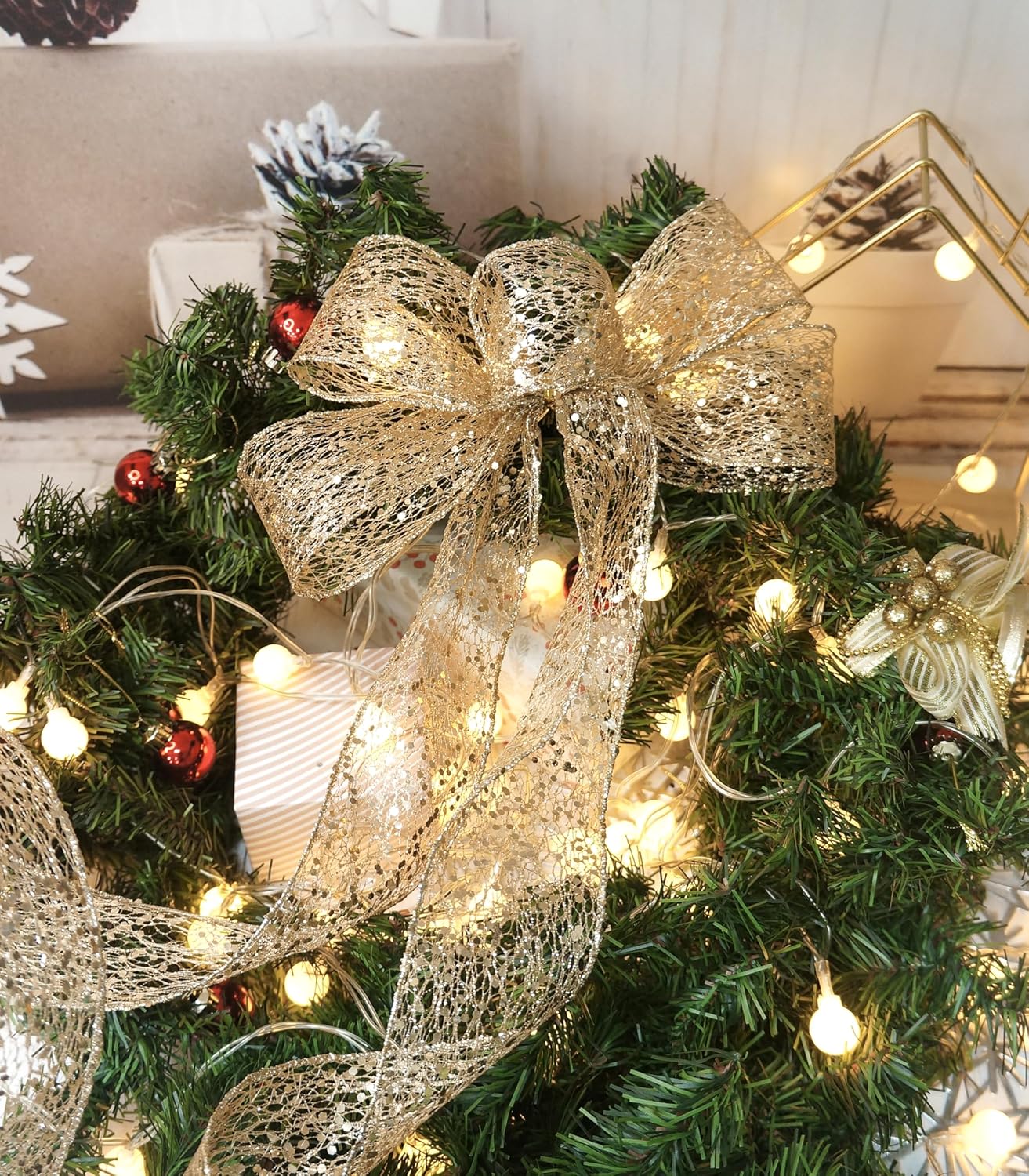 CT CRAFT LLC Sparkling Glitter Mesh Wired Ribbon 2.5" x 10 Yards Champagne Gold for Christmas Home Decor Bow Gift Wrapping DIY Crafts Wreath