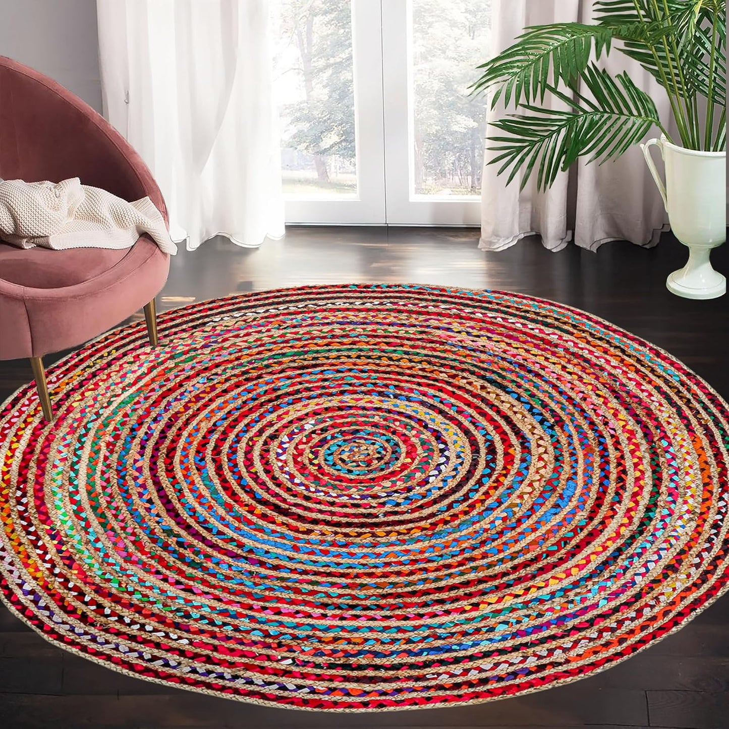8' Round Handwoven Jute Chindi Area Rug - Colorful Boho Rugs for Living Room - Hand Braided Multicolor Bohemian Rug for Farmhouse, Bedroom, Dining Room, Classroom, Hallway, Kitchen, Office