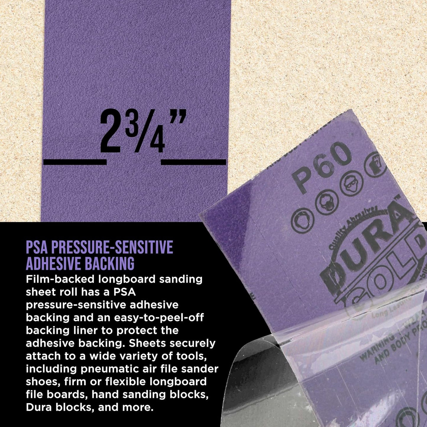 Dura-Gold Premium 60 Grit PSA Purple Film Ceramic Longboard Sandpaper, 2-3/4" Wide Continuous 12 Yard Roll - Self Adhesive Stickyback for Auto & Wood Air File Long Board Sanders, Hand Sanding Blocks