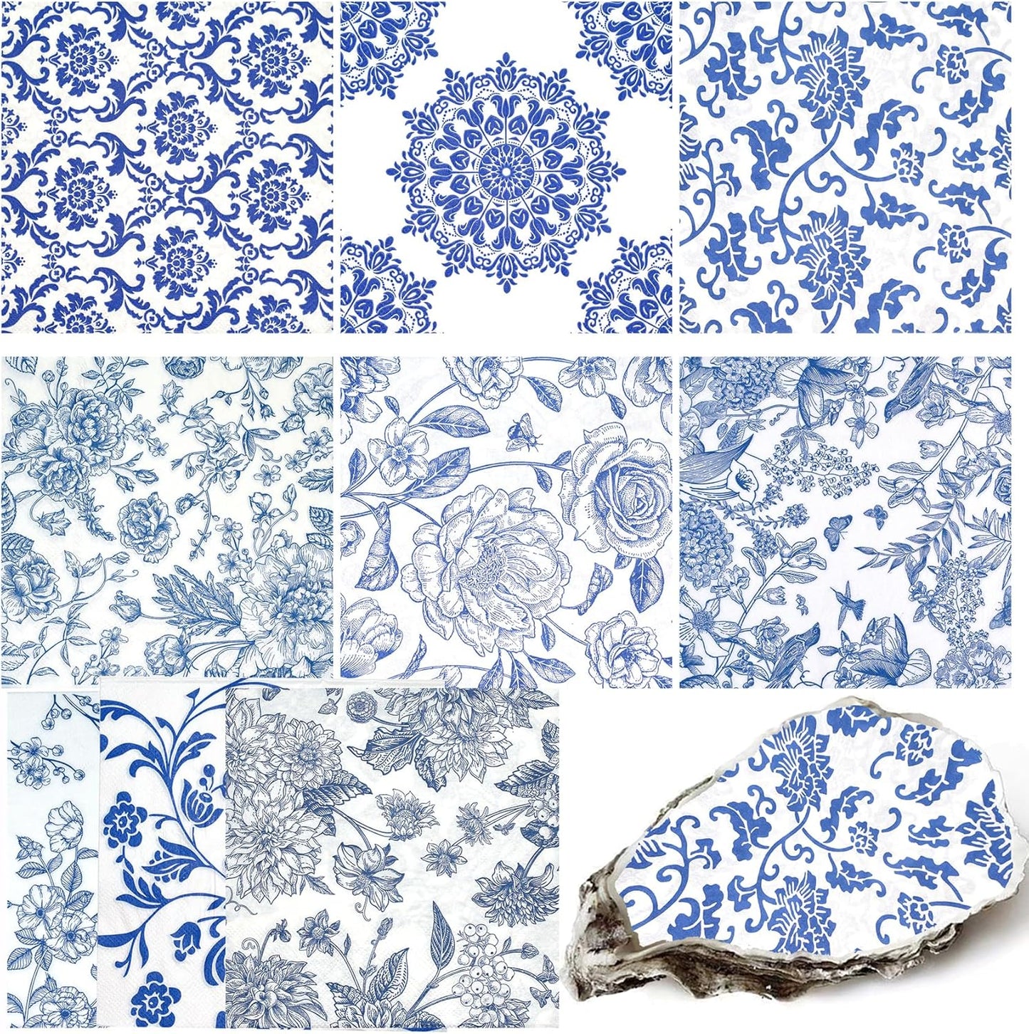 Decoupage Napkins Assorted Floral 27 Pack 9 Styles for DIY Crafting Birthday Party ， Decorative Decoupage Napkins Cocktail Paper ，Each Unfolded 13 Inch (Blue and White Floral)
