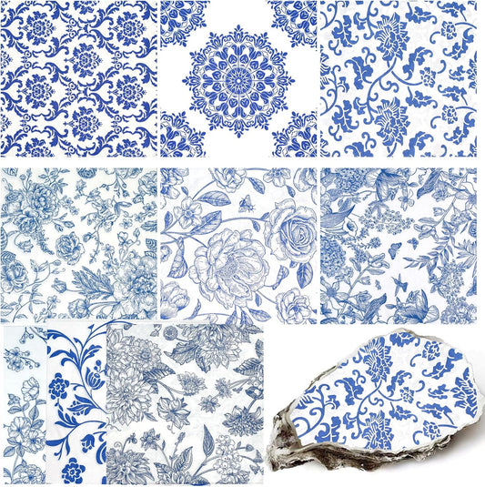 Decoupage Napkins Assorted Floral 27 Pack 9 Styles for DIY Crafting Birthday Party ， Decorative Decoupage Napkins Cocktail Paper ，Each Unfolded 13 Inch (Blue and White Floral)