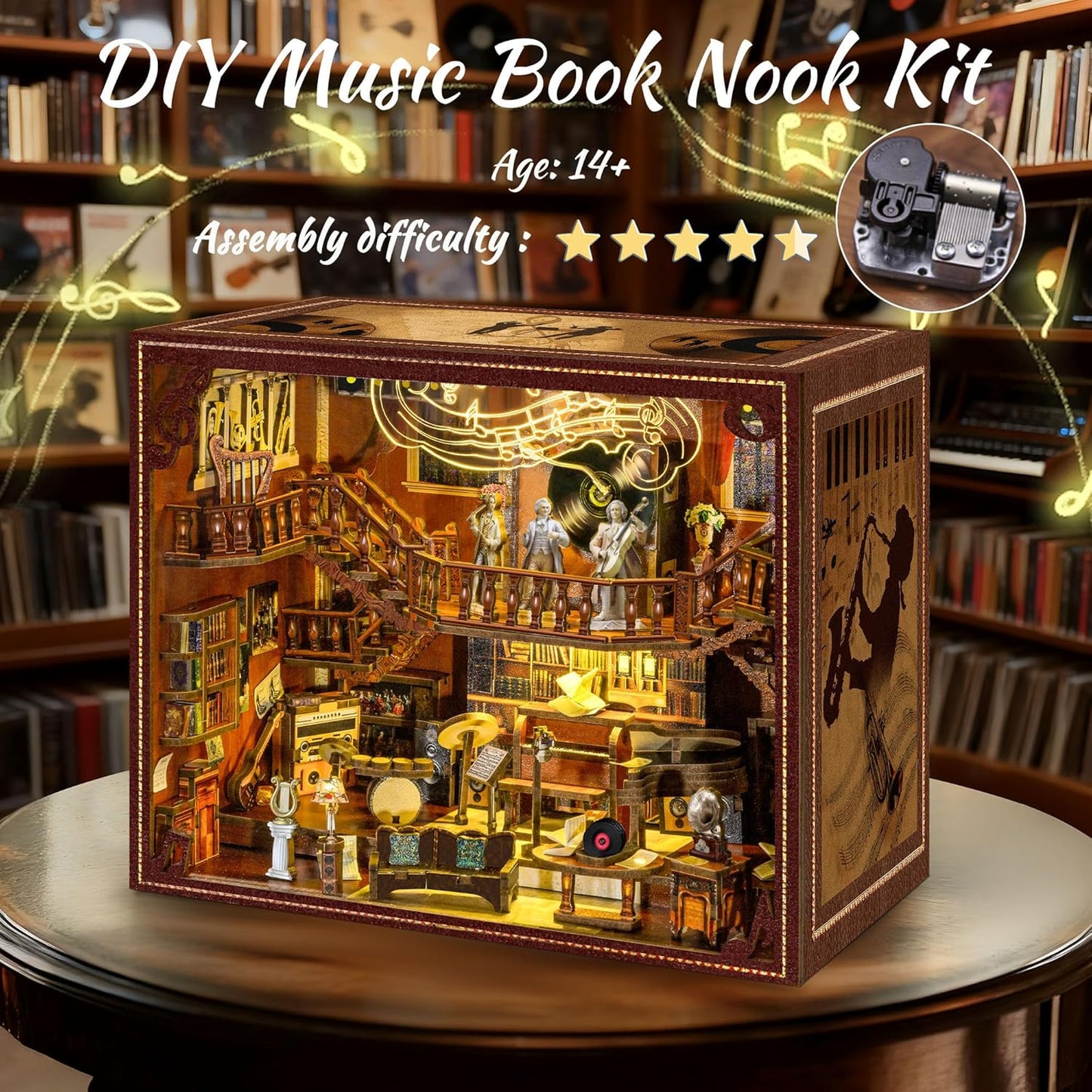 Book Nook Music Kit - DIY Miniature Dollhouse with LED Lights for Adults & Teens, Maestro's Study 3D Wooden Bookshelf Decor, for Family & Friends