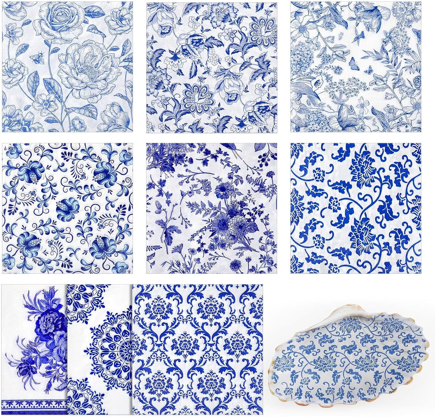 Crtiin 36 Pack 9 Styles Decoupage Napkins Assorted Floral Decorative Decoupage Napkins Chinoiserie Cocktail Paper for DIY Crafting Birthday Party, Each Unfolded 13 Inch(Blue and White Floral)