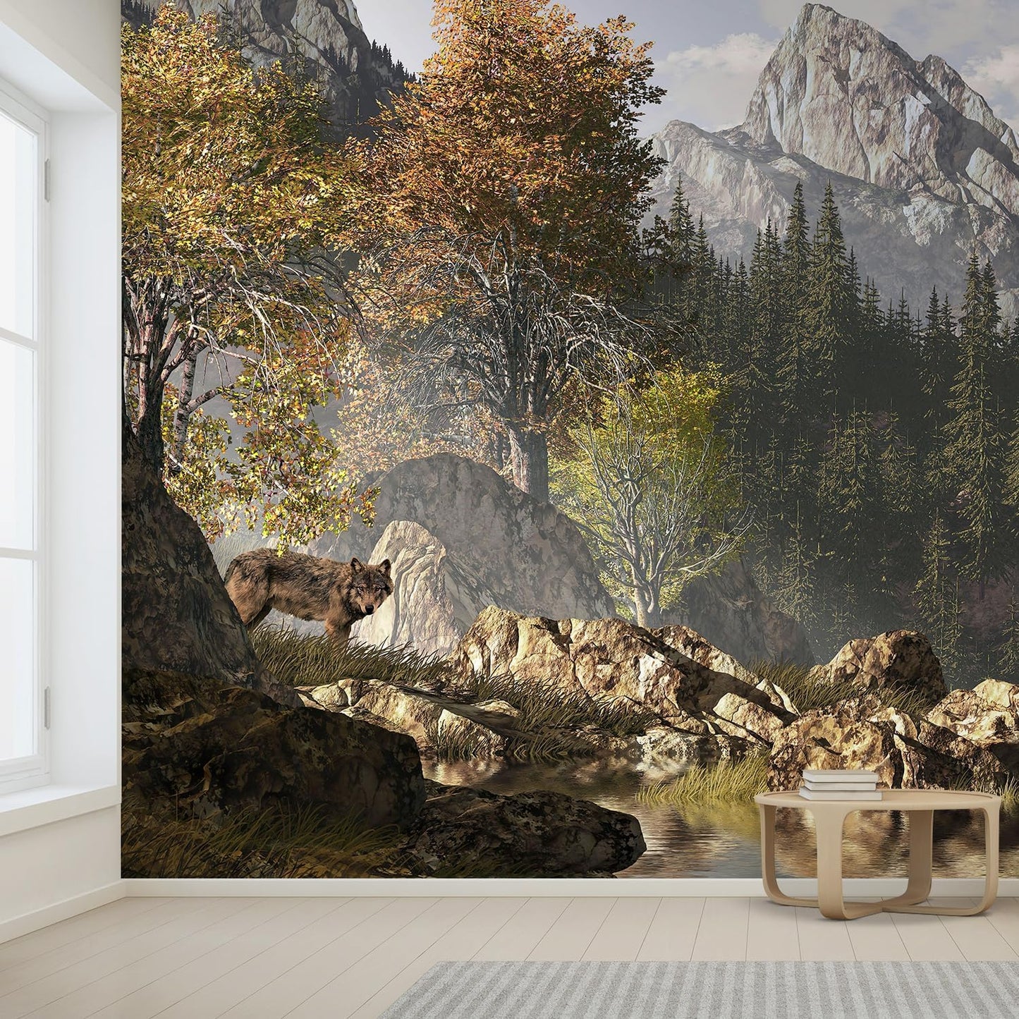 wall26 Wall Sticker/Wall Mural Wolf Near a Lake in a Rocky Mountain Landscape, Not Peel and Stick, Non-Woven Wallpaper Decorative for Bedroom, Living Room, Office - 99x96 inches