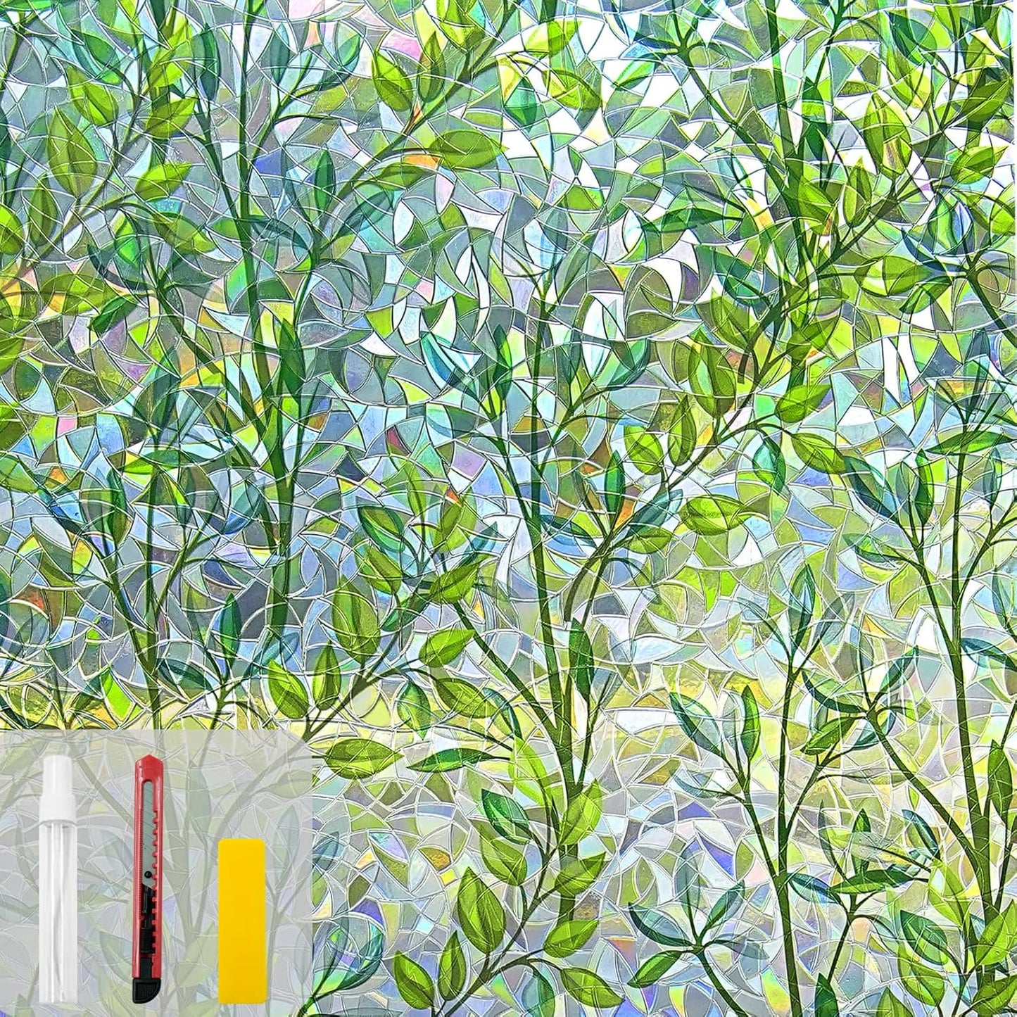 Window Privacy Film Stain Glass Window Film Rainbow Window Film Window clings Non-Adhesive Reusable Decorative for Room (Leaf Rainbow, 35.4 x 157.4 in)