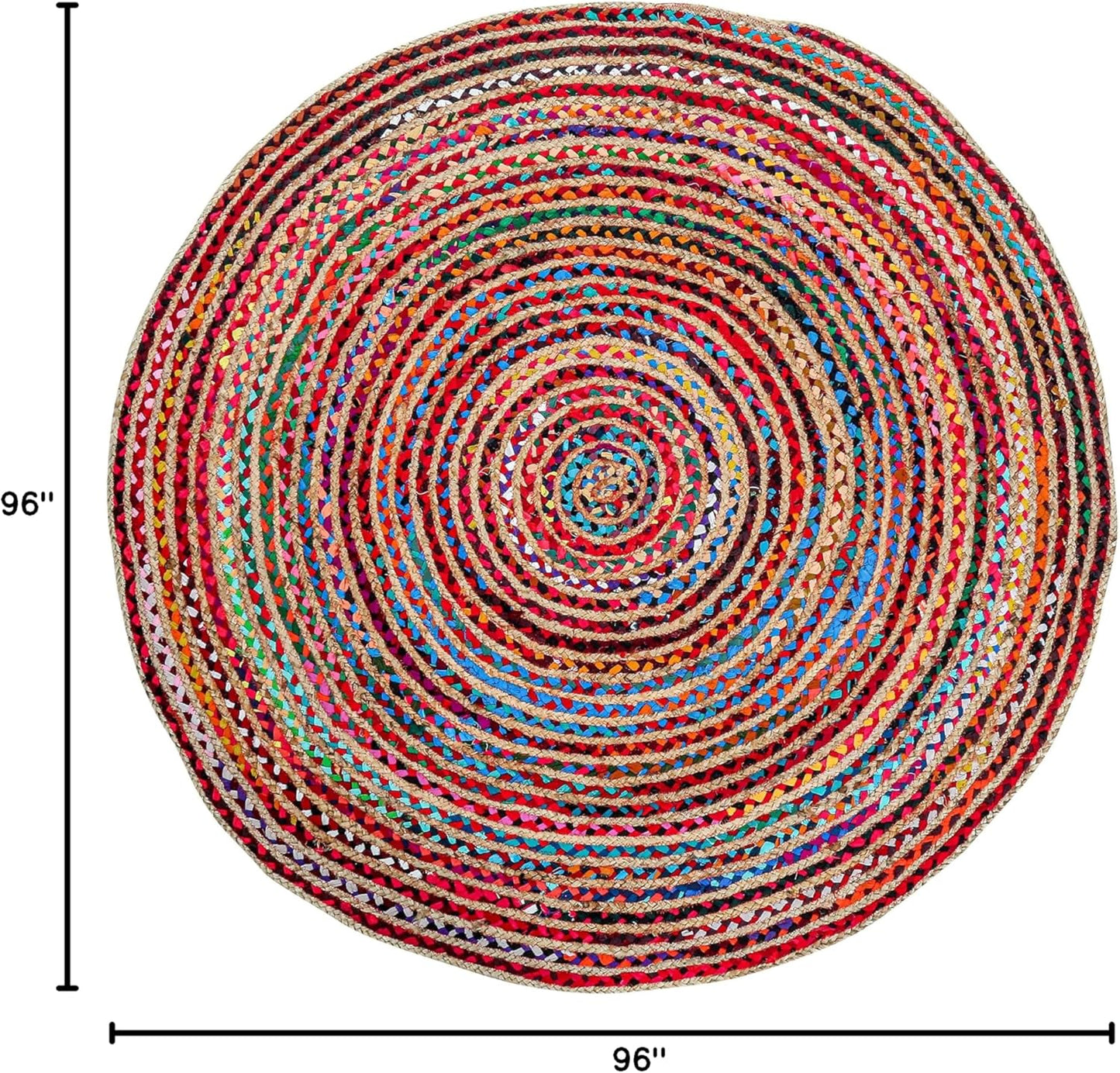 8' Round Handwoven Jute Chindi Area Rug - Colorful Boho Rugs for Living Room - Hand Braided Multicolor Bohemian Rug for Farmhouse, Bedroom, Dining Room, Classroom, Hallway, Kitchen, Office