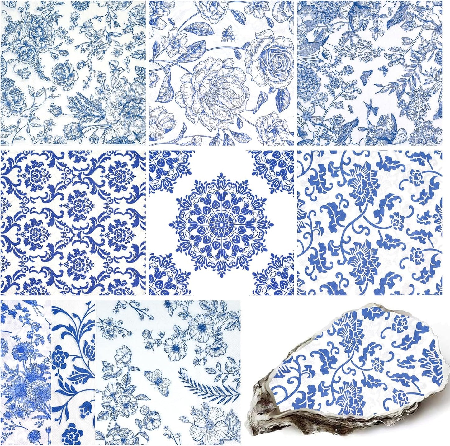 Decoupage Napkins Assorted Floral 27 Pack 9 Styles for DIY Crafting Birthday Party ， Decorative Decoupage Napkins Cocktail Paper ，Each Unfolded 13 Inch (Blue Floral)
