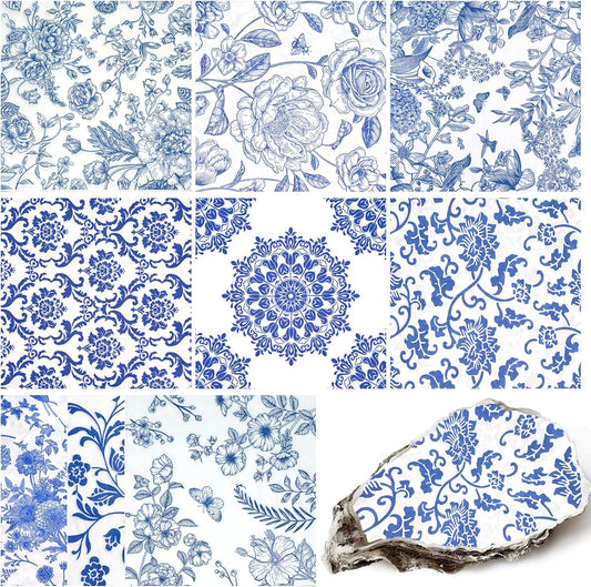 Decoupage Napkins Assorted Floral 27 Pack 9 Styles for DIY Crafting Birthday Party ， Decorative Decoupage Napkins Cocktail Paper ，Each Unfolded 13 Inch (Blue Floral)