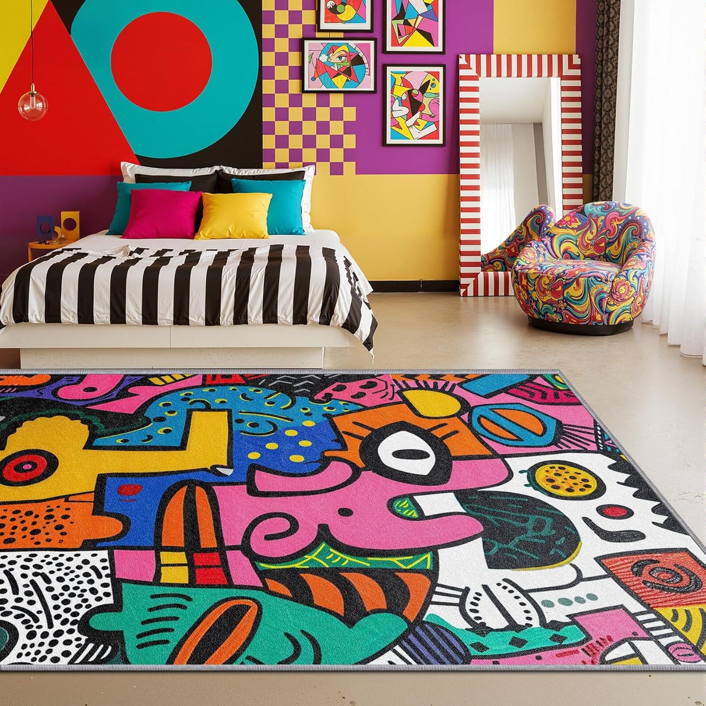 Abstract Rug 5x7-4x6 Rug - Abstract Rug - Colorful Pop Art Area Rug - Modern Geometric Graffiti Rugs - Multicolor Artistic Carpet - Home Decor