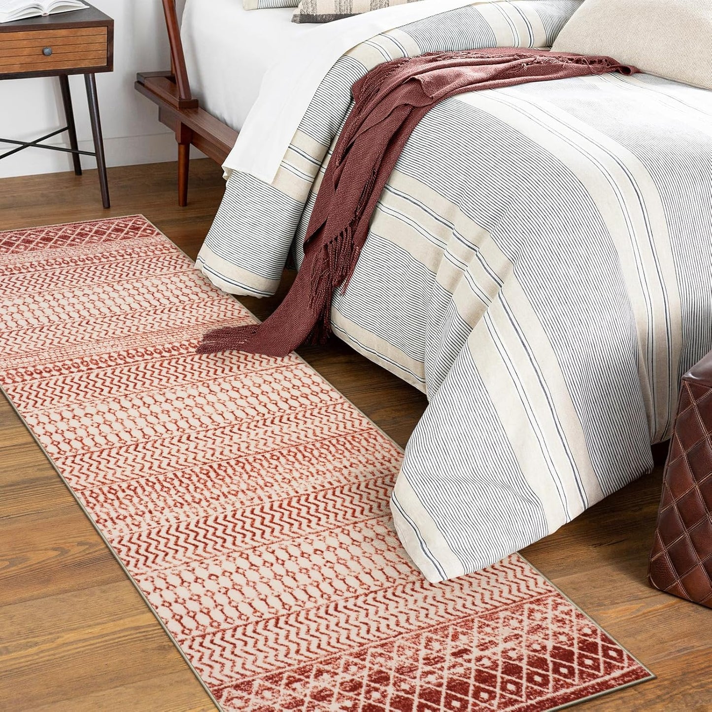 Moroccan Rug Runner 2x6, Terracotta Non Slip Washable Bathroom Rug Runners, Soft Low Pile Tribal Geometric Hallway Runner Rugs for Bedroom Kitchen Laundry Living Room