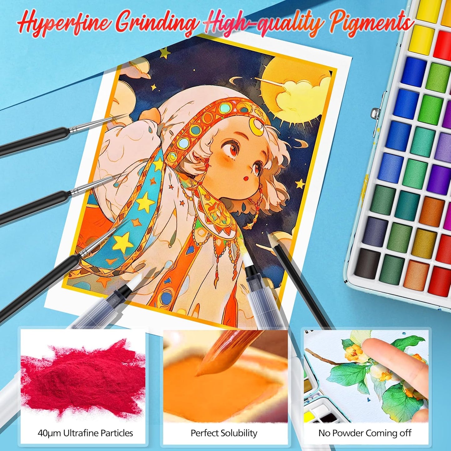 Caliart Watercolor Paint Set, 100 Colors Portable Travel Water Color Palette Kit with Detail Painting Brush, Art Supplies Christmas Gifts for Artists Adults Painters Beginners