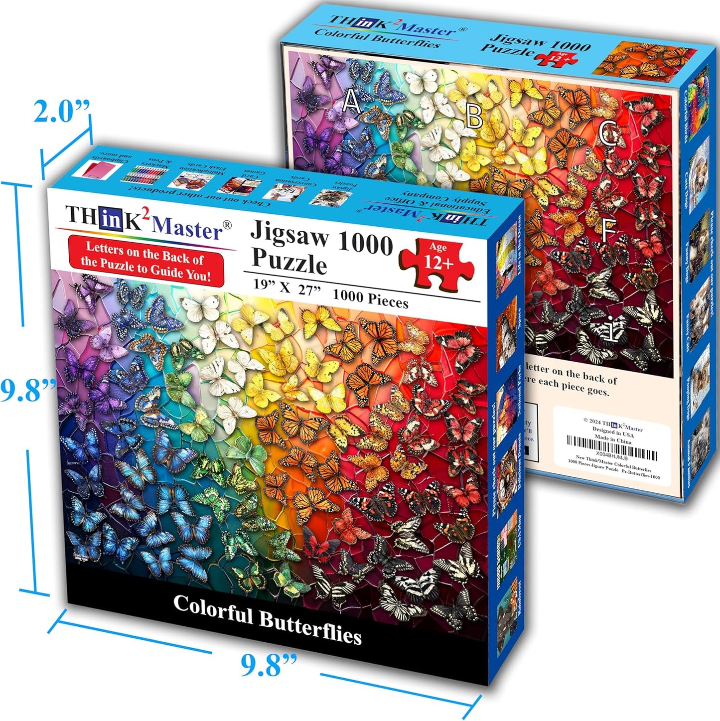 Think2Master Colorful Rainbow of Butterflies & Stained Glass 1000 Pieces Large Format Jigsaw Puzzle for Kids 12+, Teens, Adults & Families. Beautiful Vibrant Illustration Artwork Size: 26.8” X 18.9”