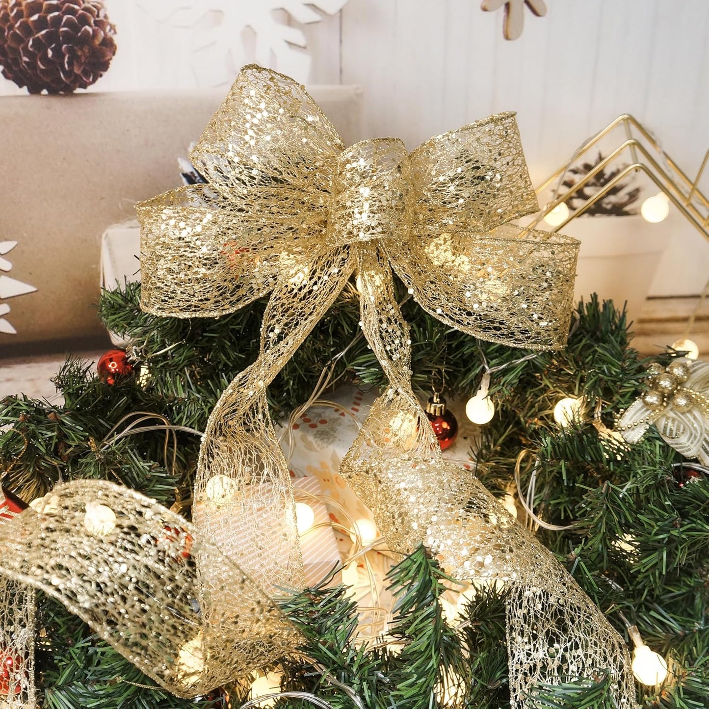 CT CRAFT LLC Sparkling Glitter Mesh Wired Ribbon 2.5" x 20 Yards Gold for Christmas Home Decor Bow Gift Wrapping DIY Crafts Wreath