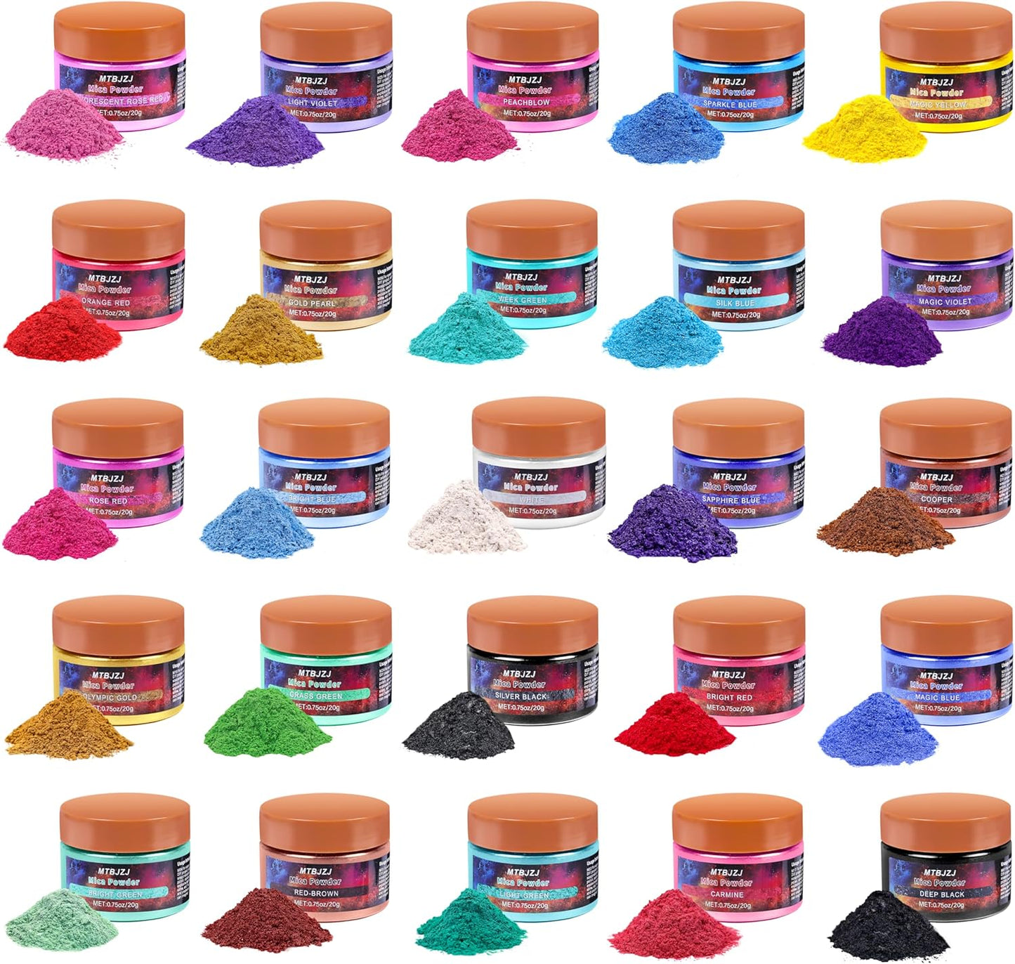 MTBJZJ Mica Powder for Resin, 25 Colors - 20g/Bottle of Epoxy Resin Color Pigment,for Candle Dye, Lip Gloss Pigment, Soap Making, Slime Colorant, Paint, Bath Bombs,Nail Polish and Eye Shadow