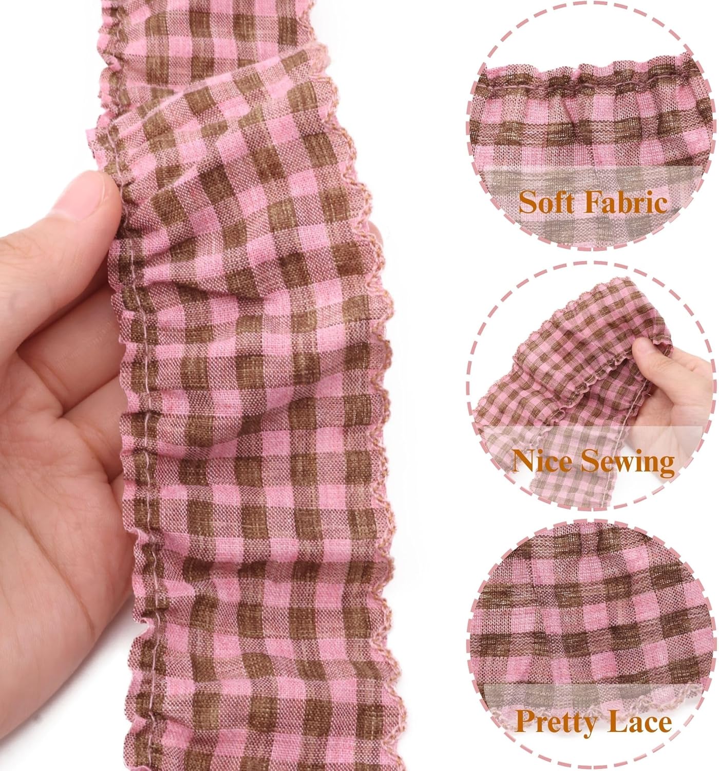 Gingham Ruffle Lace Trim Pleated Lace 5 Yards Gathered Gingham Fabric Edge Ribbon Trim for Dresses, Wedding Gowns, Crafts, Home Decor (Pink)
