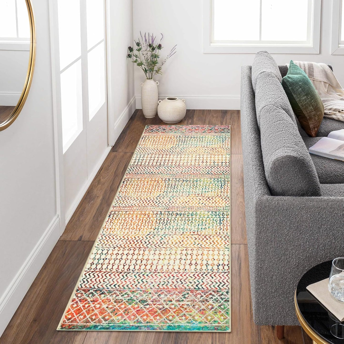 Moroccan Hallway Runner Rug 2x6, Ultra Soft Non Slip Bathroom Runner Rug, Low-Pile Washable Hallway Rug Front Door Mat Neutral Rug for Bathroom Laundry Room Bedroom