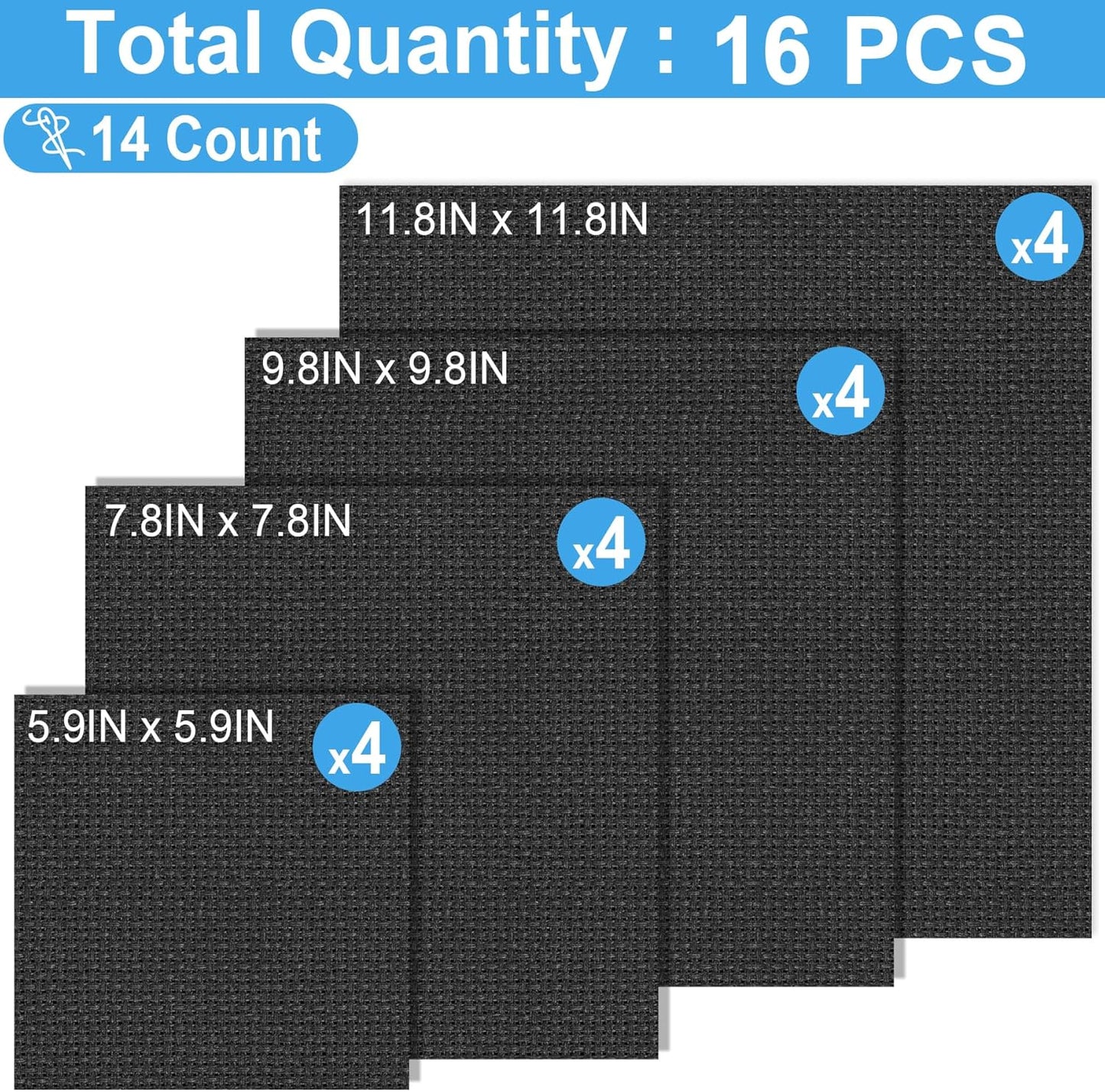 MYFAMIREA 16PCS Cross Stitch Fabric, 4 Sizes Black Aida Cloth 14 Count Craft Embroidery Cloth Classic Reserve Cross Stitch for Home DIY Handmade Needlework Embroidery Decoration, 5.9 to 11.8 inch