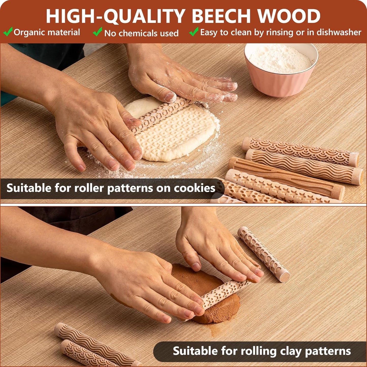 10pcs Wooden Clay Texture Rollers Set for Pottery & Ceramics - Potters Stamp Roller Tools for Ceramic Slabs - Textured Rolling Pins for Modeling, Painting & Glaze Design - 5.9 x 0.8 inch