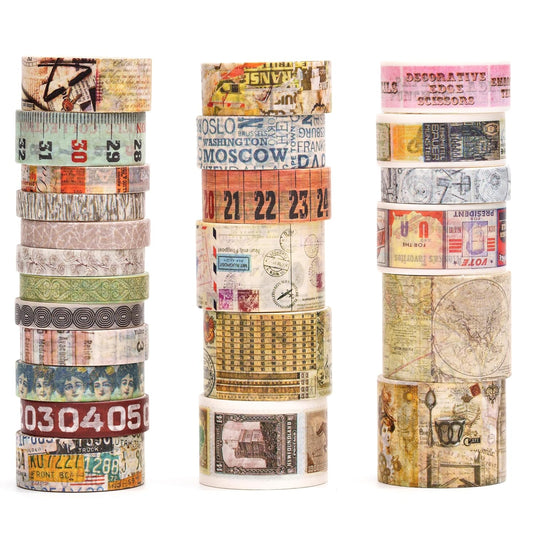 Vintage Washi Tape Set - 24 Rolls Arts Adhesive Tapes Assorted Retro Decorative Masking Tape Sets for Craft, Kids, Scrapbook, DIY, Gift Wrapping (2-Vintage Journey)