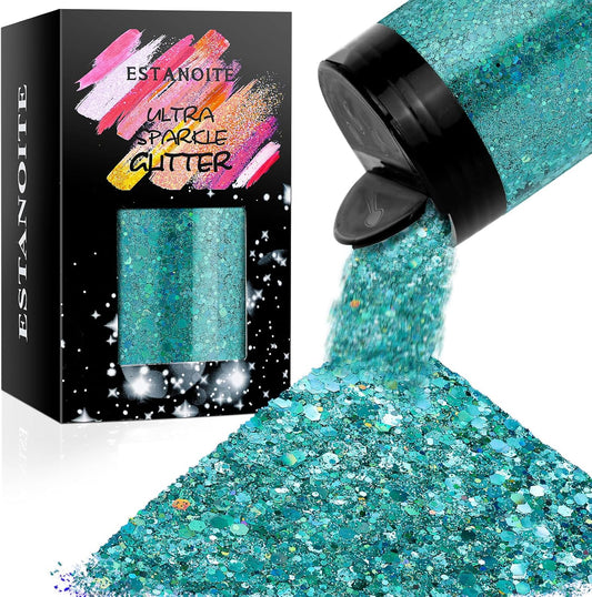 Holographic Chunky Glitter, 5.64oz/160g Craft Glitter Powder Mixed Chunky & Fine Flakes, Iridescent Sequins for Nail Art, Hair, Body, Eye Epoxy Resin, Tumblers, Painting, Festival Decor (Shine Blue)