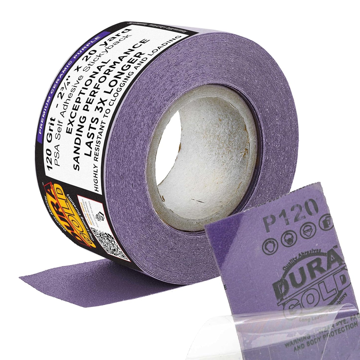 Dura-Gold Premium 120 Grit PSA Purple Film Ceramic Longboard Sandpaper, 2-3/4" Wide Continuous 20 Yard Roll - Self Adhesive Stickyback for Auto & Wood Air File Long Board Sanders, Hand Sanding Blocks