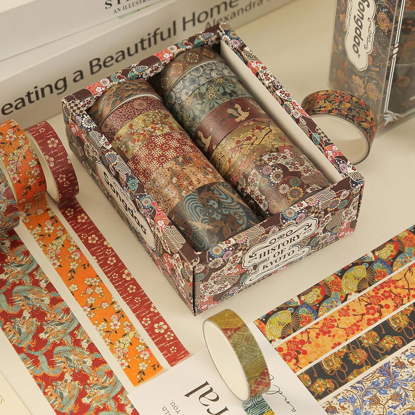 12 Rolls Kyoto Charm Washi Tape Set Japanese Arts Adhesive Tapes Geometric Garden Decorative Masking Tape Sets for Craft, Kids, Scrapbook, DIY, Gift Wrapping (Crimson Fields)