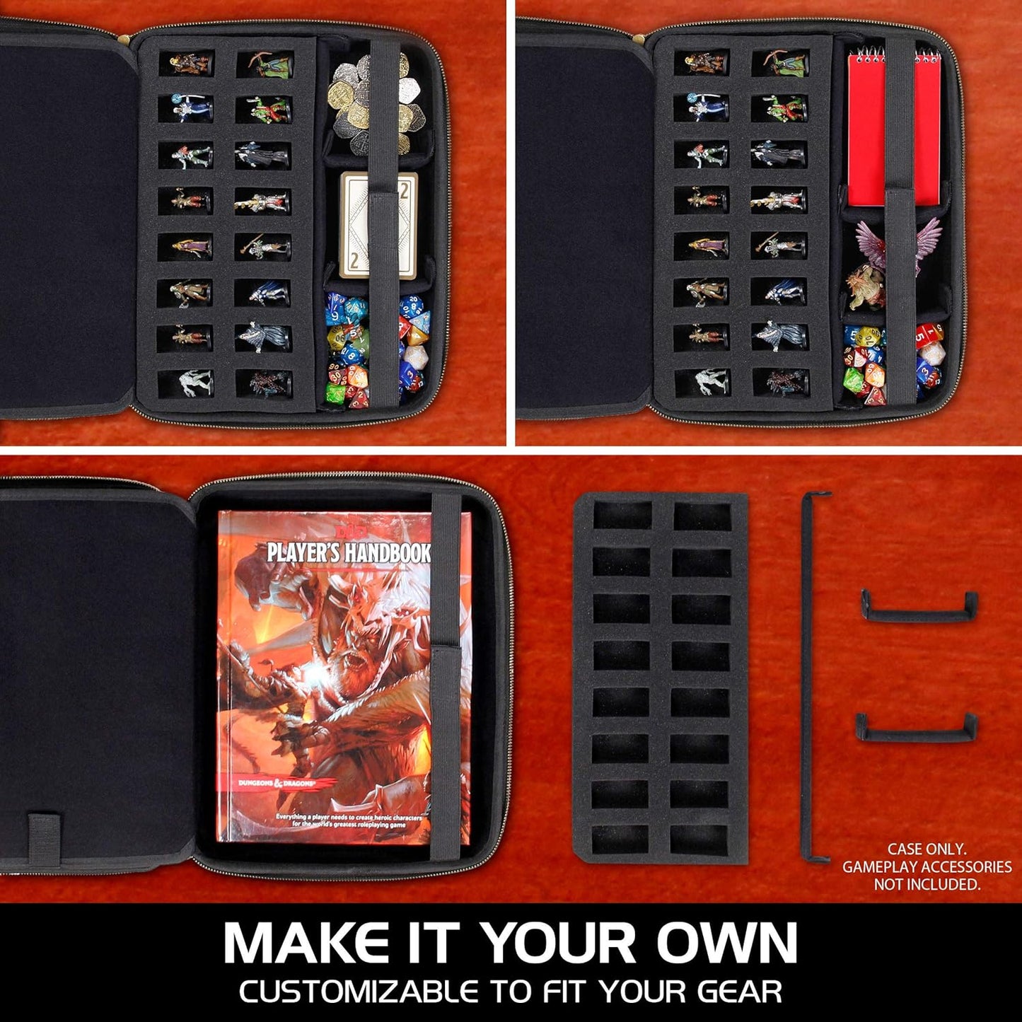 ENHANCE RPG Organizer Case - DnD Binder with Built-in Character Sheet Holder and Erasable Scribe Panel, Dice Rolling Area, Removable Pen Pouch, Miniature Foam Tray, Wrist Strap