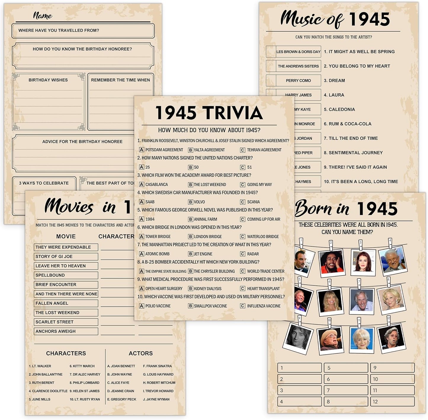 80th Birthday Party Games, Set of 5 Activities for 10 Guests, Born in 1945 Games Bundle, Birthday Party Supplies for Adults, Pack of 50 Cards