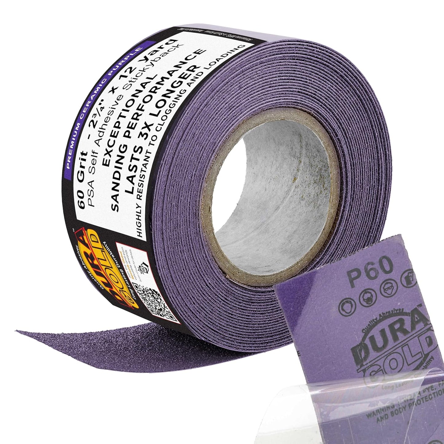 Dura-Gold Premium 60 Grit PSA Purple Film Ceramic Longboard Sandpaper, 2-3/4" Wide Continuous 12 Yard Roll - Self Adhesive Stickyback for Auto & Wood Air File Long Board Sanders, Hand Sanding Blocks