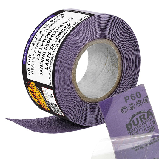 Dura-Gold Premium 60 Grit PSA Purple Film Ceramic Longboard Sandpaper, 2-3/4" Wide Continuous 12 Yard Roll - Self Adhesive Stickyback for Auto & Wood Air File Long Board Sanders, Hand Sanding Blocks