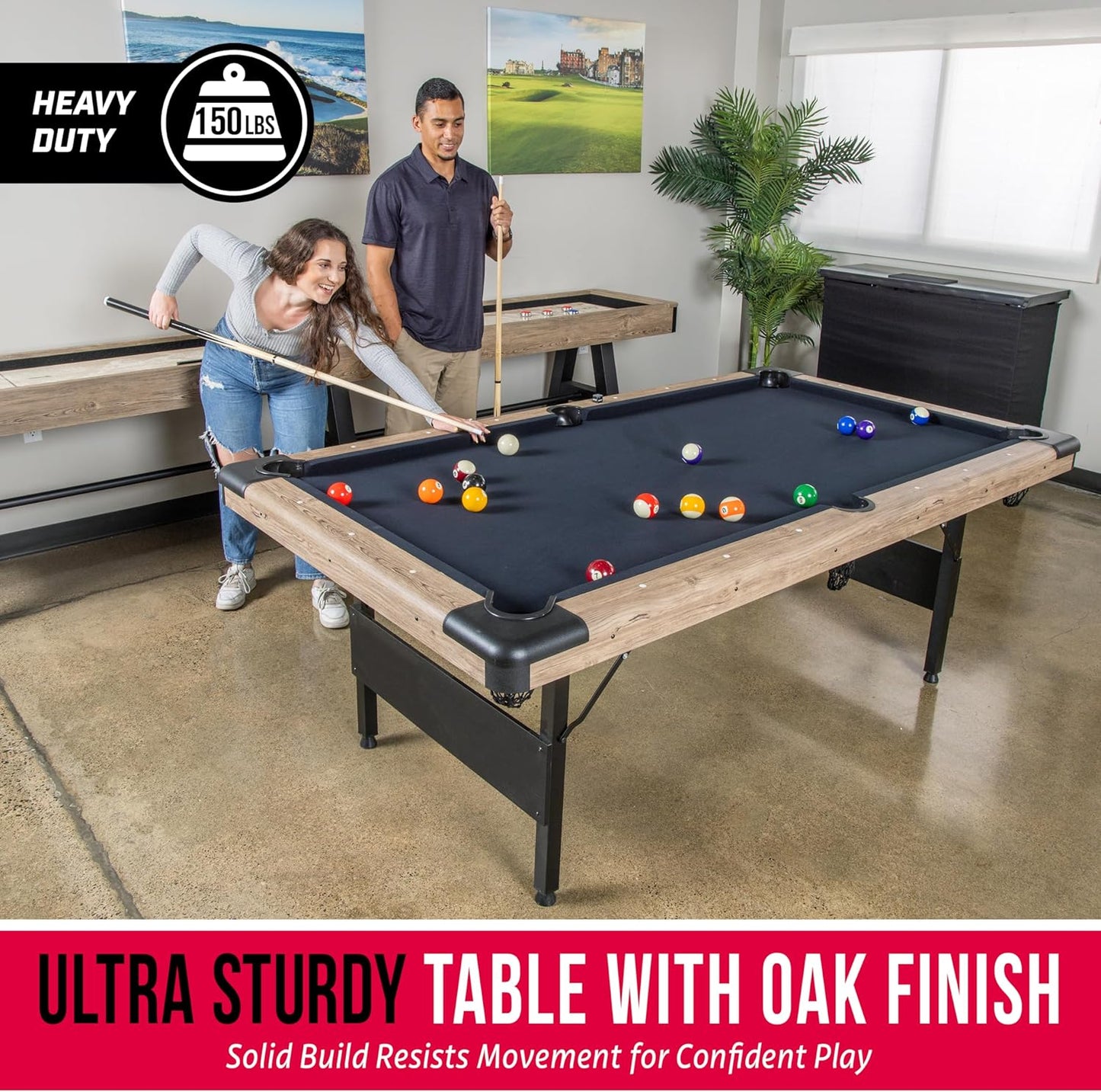 GoSports 6, 7, or 8 ft Billiards Tables - No Assembly, Choose Your Color - Portable Pool Table Includes Full Set of Balls, 2 Cue Sticks, Chalk and Felt Brush