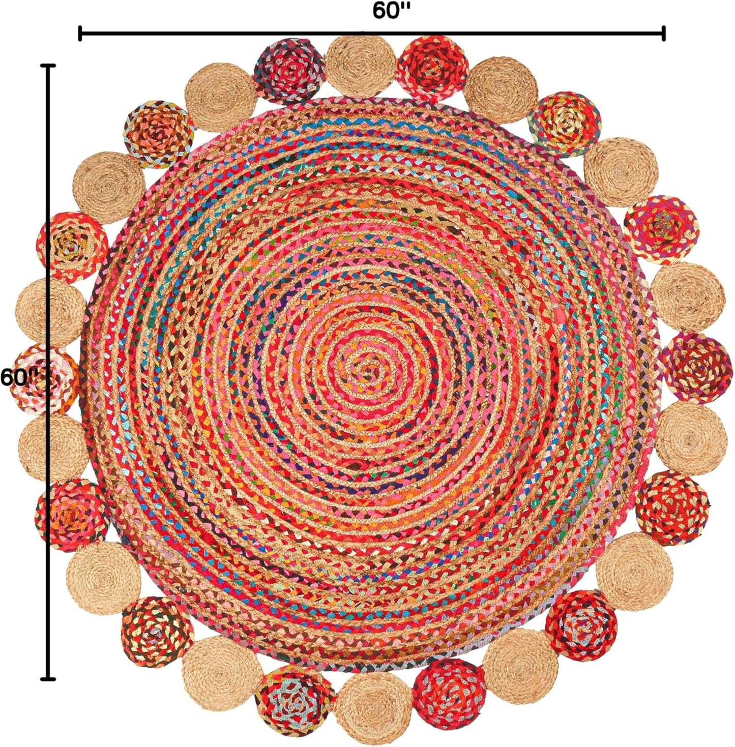 5' Round Handwoven Jute Chindi Area Rug - Colorful Boho Rugs for Living Room - Hand Braided Multicolor Bohemian Rug for Farmhouse, Bedroom, Dining Room, Classroom, Hallway, Kitchen, Office