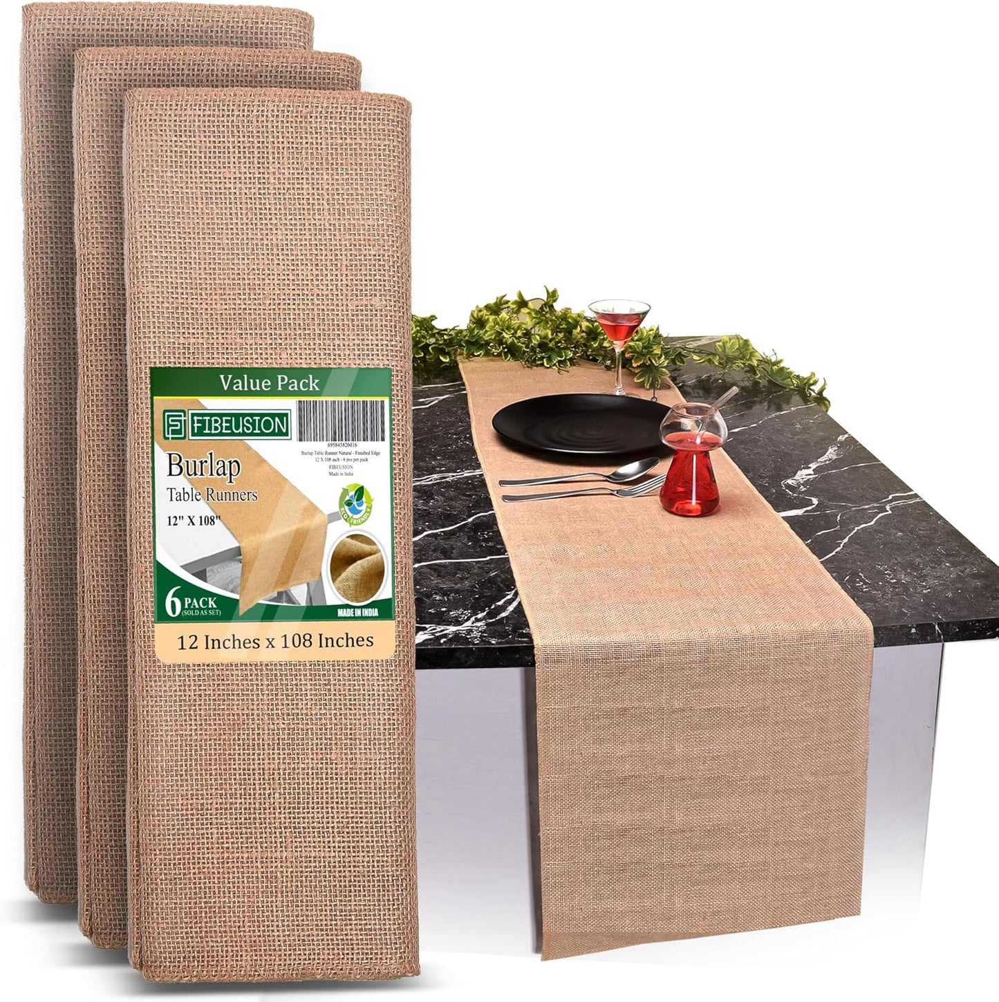 Burlap Table Runners (Pack of 6) – 12”x 108” - No-Fray Finished Edge Premium Quality Natural Table Runner – No Odor, Eco-Friendly Burlap Runner, Perfect for Rustic Table Decor and Other DIY Crafts