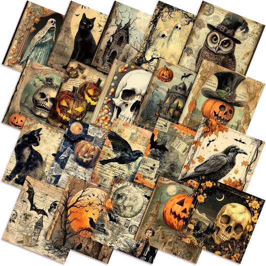 Ganeen 60 Pcs 10 x 10 Inch Vintage Halloween Quilting Fabric Squares Spooky Gothic Fabric Bundle Pumpkin Skull Black Cat Fat Patchwork Precut Stripe for Holiday Handmade Material Sewing DIY Craft