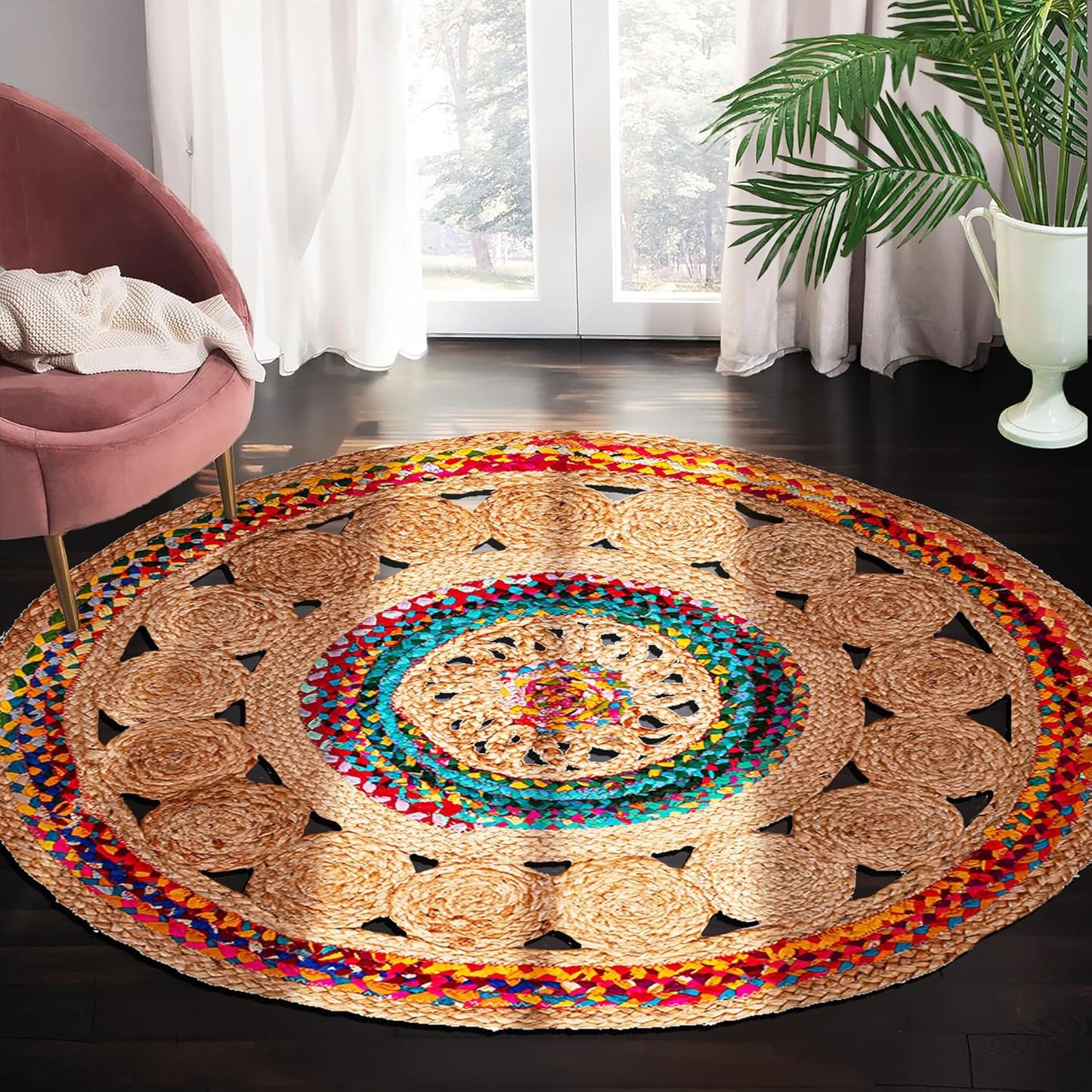 5' Round Handwoven Jute Chindi Area Rug - Colorful Boho Rugs for Living Room - Hand Braided Multicolor Bohemian Rug for Farmhouse, Bedroom, Dining Room, Classroom, Hallway, Kitchen, Office