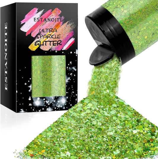 Holographic Chunky Glitter, 5.64oz/160g Extra Fine Glitter Powder Mixed Chunky Flake, Iridescent Sequins Bulk for Nail Art, Crafts Epoxy Resin, Festival Glitter for Party Decor (Dazzling Green)