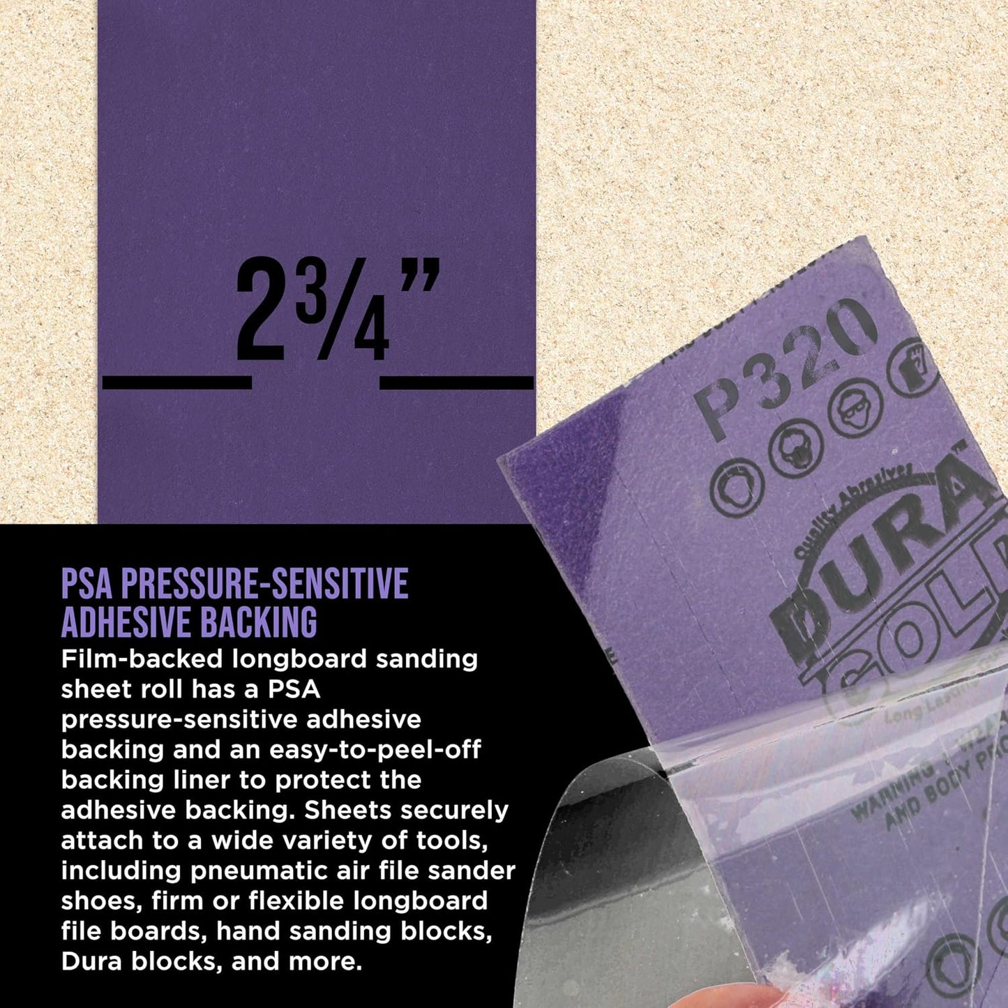 Dura-Gold Premium 320 Grit PSA Purple Film Ceramic Longboard Sandpaper, 2-3/4" Wide Continuous 20 Yard Roll - Self Adhesive Stickyback for Auto & Wood Air File Long Board Sanders, Hand Sanding Blocks