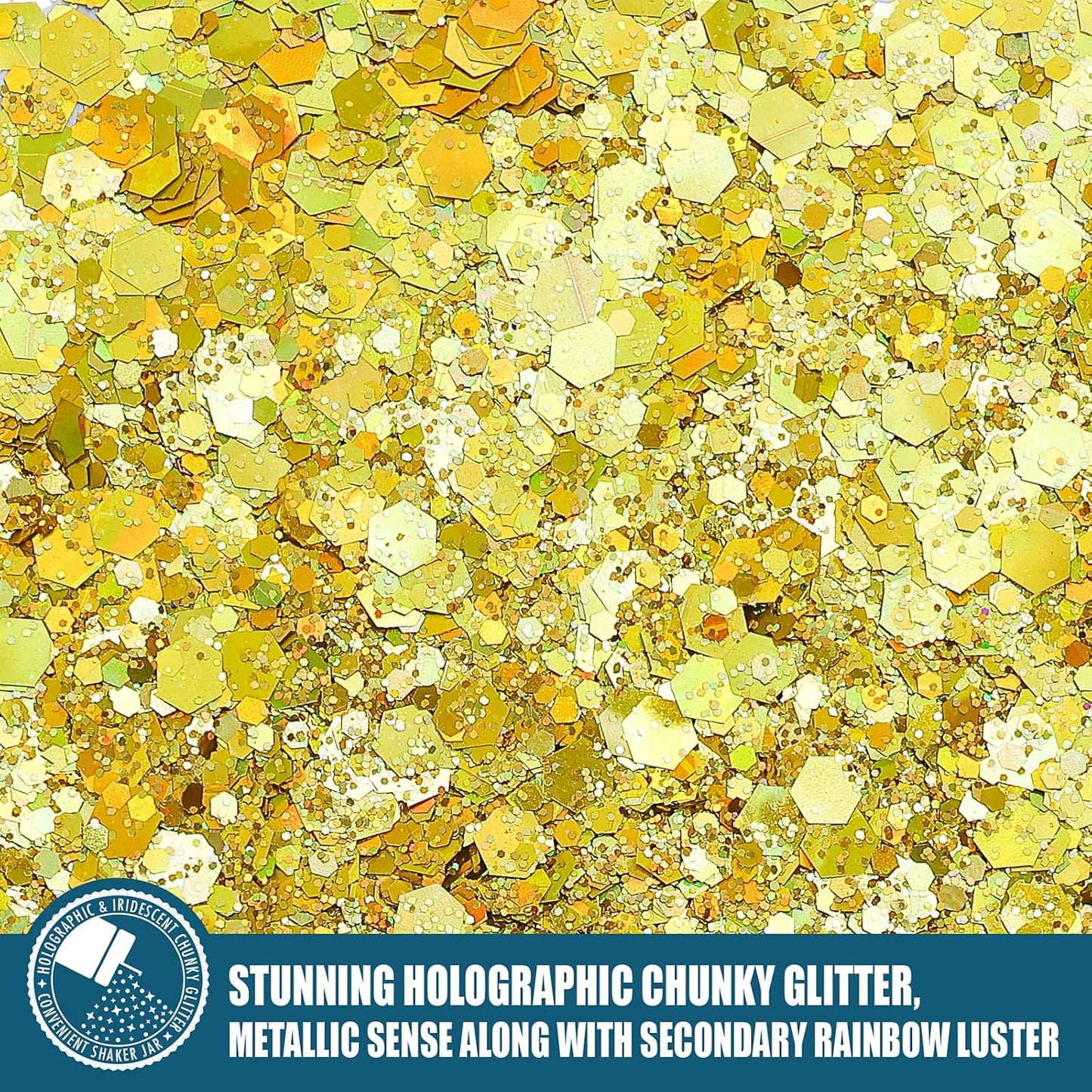 Estanoite Holographic Chunky Glitter, 160G/5.64OZ Craft Glitter for Resin, Metallic Iridescent Chunky Glitter Sequin Flake, Cosmetic Glitter for Makeup Body Nail Face Eye, Glitter Tumbler (Gold)