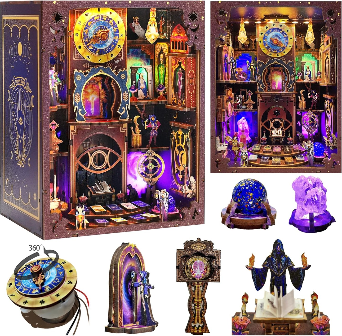 Book Nook Kit - DIY Miniature Dollhouse with LED Lights for Adults & Teens, Fantasy Tarot-Themed 3D Wooden Bookshelf Decor, for Craft Lovers